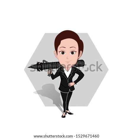 
illustration of a woman in uniform carrying a bazooka. A depiction of a boss or boss who is fierce towards his men. Vector cartoons that can be used for caricature or mascot templates with plain back