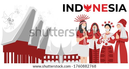 Illustration of Indonesian women dressed in traditional clothing with a house background.