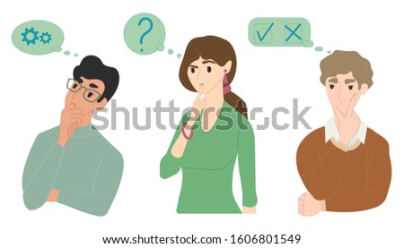 A woman and men think, solve problems, wonder, reflect. Concept: difficult choice, brainstorming, complexity of execution, to draw conclusions, think logically. Vector illustration, eps 10. Stock foto © 