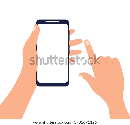 Hands holding a smartphone, index finger pokes into the screen. Vector illustration, flat design. Concept: mobile application, chat, communication, blank screen.