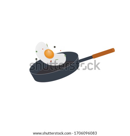 Frying pan, fried eggs with spices. Vector flat cartoon illustration.