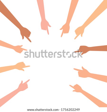 Index fingers poke, point to the center. Many hands with exposed fingers, blame, show, are directed to one point. Vector illustration, flat cartoon, eps 10, isolated on white background. 商業照片 © 
