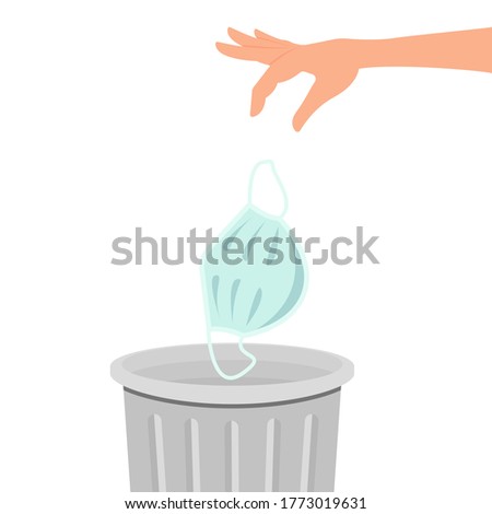 A hand throws a medical mask into the trash can. Vector illustration isolated on white background, flat cartoon design, eps 10. Stockfoto © 
