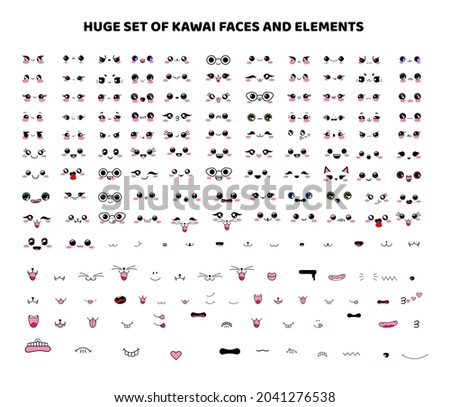 Big set of kawaii faces, elements, eyes, mouth, nose, muzzle, mustache, tongue, teeth, emotions. Vector illustration, color cartoon Japanese design isolated on white background, manga style, anime.