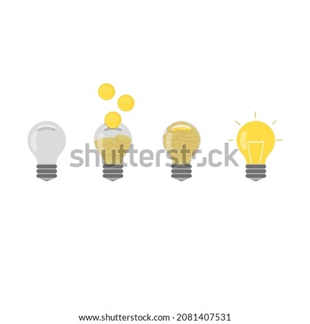 Piggy bank lamp. Filling the lamp with money. Concept: sponsoring an idea. Vector illustration, flat minimal cartoon color design, isolated on white background, eps 10.