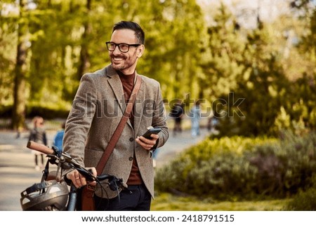 Similar – Foto Bild Fröhlicher Mann mit Fahrrad auf Steg stehend