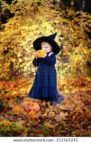 Little cute girl in black witch costume and a magic hat standing among orange leaves with a jack pumpkin in a sunny autumn day. Halloween. National holidays and traditions. Fairy tale. Funny kids.