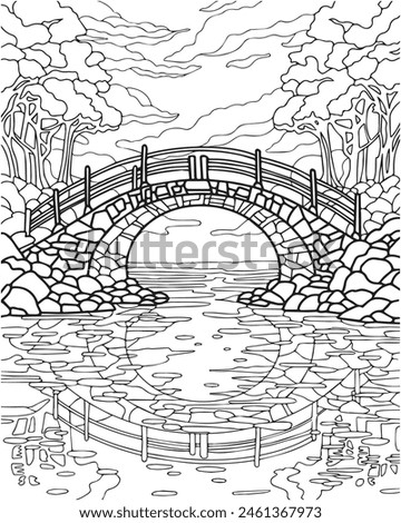 Landscape with bridge and river. Coloring book