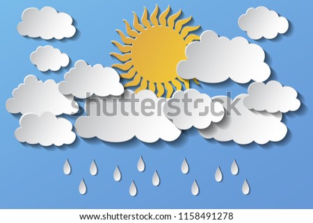 Vector cloudy sky and rain, sun behind clouds. The background is made in paper style. Eps 10