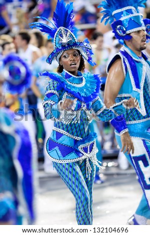 RIO DE JANEIRO - FEBRUARY 11: A woman in costume dancing on carnival at Sambodromo in Rio de Janeiro February 11, 2013, Brazil. The Rio Carnival is biggest carnival in world.