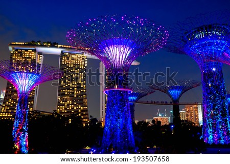 SINGAPORE - JANUARY 22: Night view of The Supertree Grove at Gardens near Marina Bay January 22, 2014,  Singapore. Gardens by Bay was crowned World Building of Year at World Architecture Festival 2012