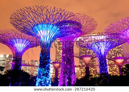 SINGAPORE - JANUARY 22: Night view of The Supertree Grove at Gardens near Marina Bay January 22, 2014 Singapore. Gardens by Bay was crowned World Building of Year at World Architecture Festival 2012