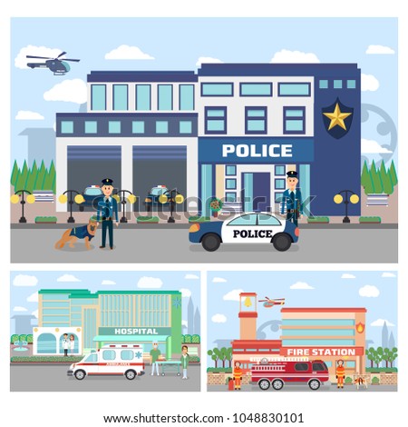 Set of emergency services building. City hospital building with ambulance, Fire station building, police department with officers in uniform , cars and city landscape.