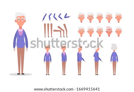 Elderly man character constructor for animation with various views, poses, gestures, hairstyles and emotions. Cartoon old man, grandpa parts of body ready to use poses. Vector illustration