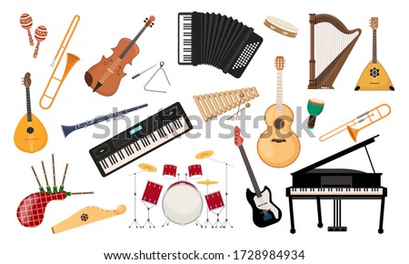 Musical instruments set. Folk classical musical equipment violin, bagpipe harp synthesizer piano saxophone classical and electro guitar accordion balalaika xylophone drum kit. Cartoon color vector.