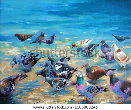 Beach pigeons on the Black Sea coast. Painting: oil, canvas. Author: Nikolay Sivenkov