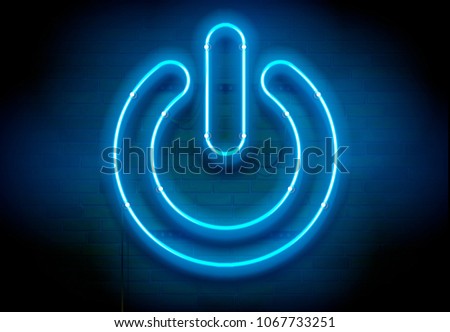Power Off BLUE neon sign on dark brick wall