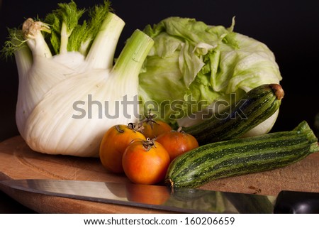 Vegetables on floor with focus in the foreground