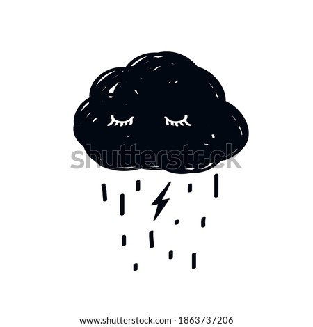 Sad cloud with rain lightning eyes tear eyelashes weather doodle logo icon sign ink emblem Hand drawn Cartoon children's style Fashion print clothes apparel greeting invitation card cover flyer poster