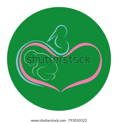 Stork with a wing, a heart, a child sign. Maternity hospital  logo, birth center, newborn baby adoption center logo. Fertility center, reproductive medicine. Print for clothes, cards, picture, banner