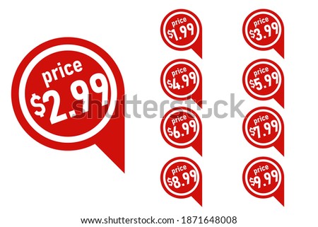 Sale tags set, label template, red round vector. 1.99, 2.99, 3.99, 4.99, sale. Vector illustration.