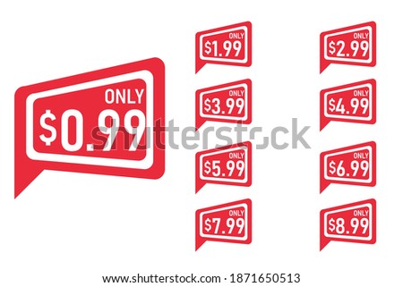 Sale tags set, label template, vector, rectangular, square, red, 1.99, 2.99, 3.99, 4.99, sale.