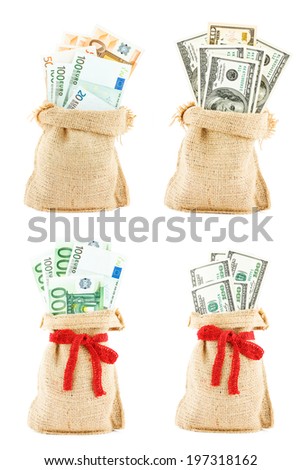 The set of money in the linen sac isolated on a white background