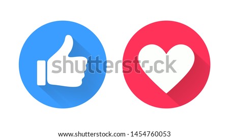 Thumb up and heart icon. Vector like and love icon. Ready like and love button for website and mobile app.