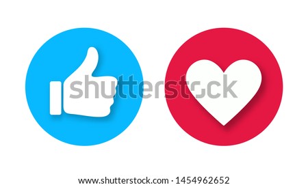 Thumb up and heart icon with falling shadows isolated on white background. Vector like and love icon. Ready like and love button for website and mobile app.