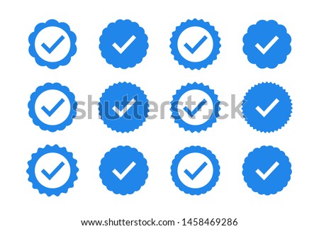 Set of quality icons. Blue flat star shape stickers. Profile Verification sign. Vector badges of warranty, approval, accept and quality. Flat vector check mark.