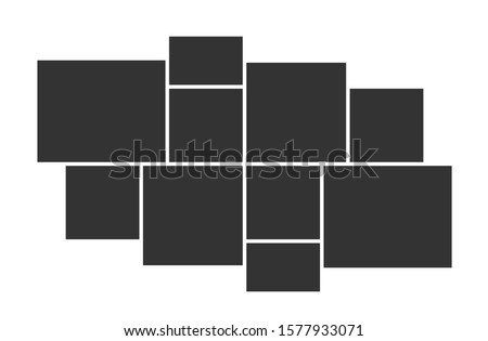 Empty photo collage template of 10 parts. Vector poster frame mockup. Ten photos.
