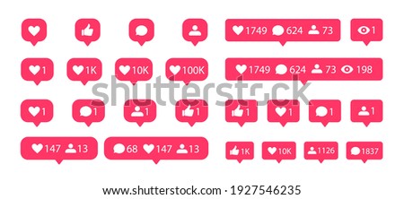 Social media notification flat icons set. Like, comment, follower and view buttons. Vector social media bubble icons.