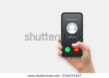 Woman hand holding and touching smartphone screen with thumb isolated on transparent background in vector format