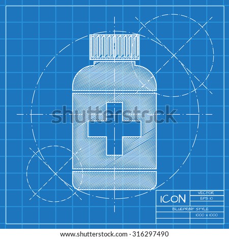 Vector blueprint tablet bottle on engineer or architect background.  . Health icon