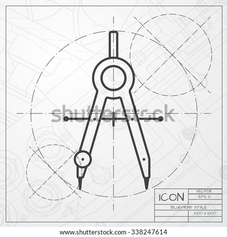 Vector blueprint of compasses icon on engineer or architect background 