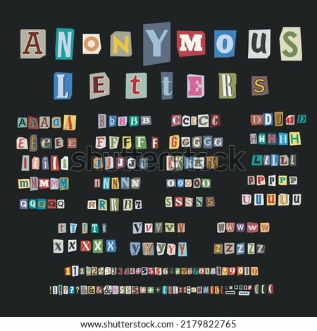 Anonymous ransom color criminal alphabet letters cut from newspapers and magazines. Ransom Note. Paper letters, numbers and symbols. Vector Clipping alphabet. Blackmail or Ransom Anonymous Note Font Foto stock © 