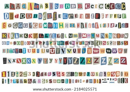 Cut out ransom vector letters alphabet. Blackmail or Ransom Kidnapper Anonymous Note Font. Latin Letters, Numbers and punctuation symbols. Criminal ransom letters. Compose your own 商業照片 © 