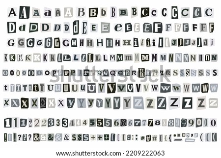 Ransom Gray Note English Font Alphabet Cut out vector Letters. Blackmail Ransom Kidnapper Anonymous Note Font. Collage style Numbers and punctuation symbols. Criminal ransom letters. Compose your own Stockfoto © 