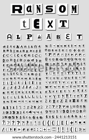 Cut out ransom letters collage alphabet paper font collection. Blackmail criminal Ransom Kidnapper Anonymous Note Font 398 vector elements. Numbers and punctuation symbols. Compose your own. Mega pack