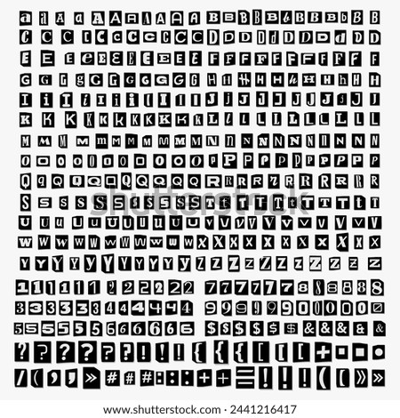 Black and white Cut out ransom letters collage vector alphabet blackmail Note Font. Paper Blackmail Kidnapper Anonymous Letters, Numbers and punctuation marks Criminal ransom letters. Compose your own