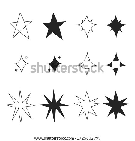 Set of black hand drawn doodle stars isolated on white background. Vector illustration