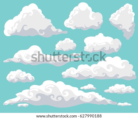 Cartoon clouds set on blue sky background. Collection of funny smoke and fog icons, for filling your sky scenes or ui games backgrounds. Vector art illustration.