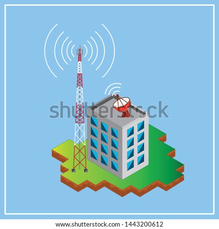 Isometric of building and antenna tower. communication texture. 