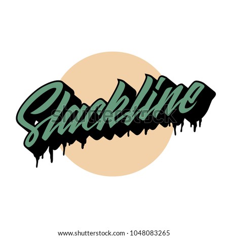 Slackline green lettering logo wiht splash on circle background. Modern calligraphy vector illustration for design t-shirts, banners, labels, apparel, competition.