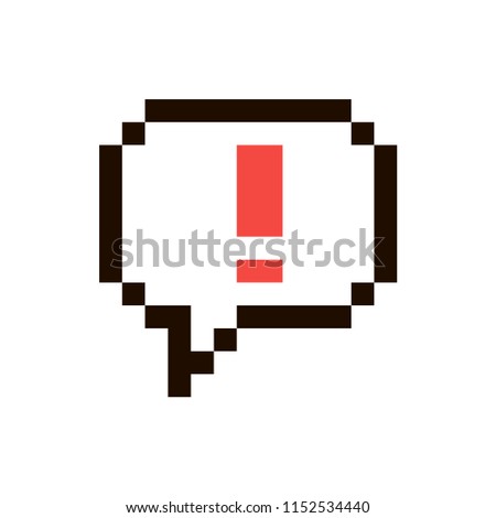 Vector pixel Exclamation point in speech buble isolated on white background. 80s-90s style design illustrations - great for stickers, embroidery, badges. Exclamation mark cartoon badge or logotype.