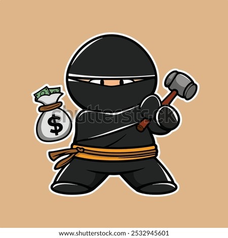 flat ninja assassin holding a gavel and a money bag wearing a black suit