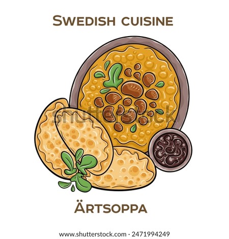 Artsoppa is a hearty yellow pea soup, traditionally served with thin, savory pancakes as a comforting and satisfying meal. Hand-drawn vector illustration