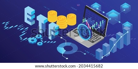 ETF Bitcoin blockchain technology funding digital currency, 3D Illustrator ETF Financial Technology blockchain Isometric vector.