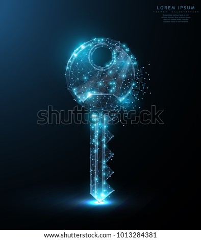 Key. Polygonal wireframe mesh art with crumbled edge on blue night sky with dots, stars and looks like constellation. Security, success, solution concept illustration or background