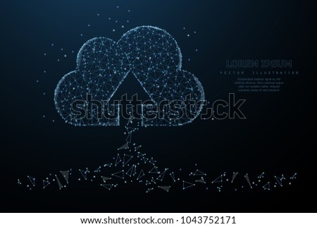 Cloud technology. Polygonal wireframe mesh art with crumbled edge on blue night sky with dots, stars and looks like constellation. Concept illustration or background